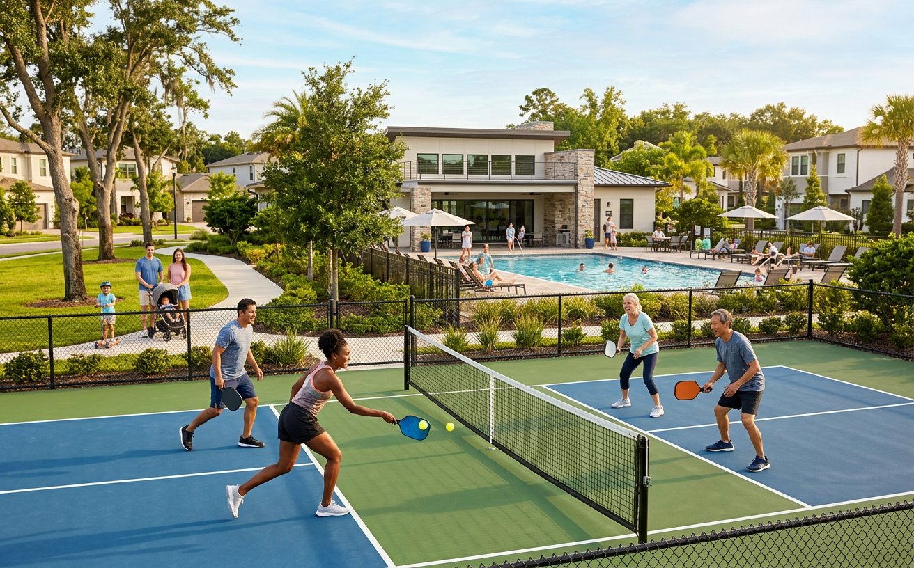 Neighbors playing pickleball near a community pool and clubhouse